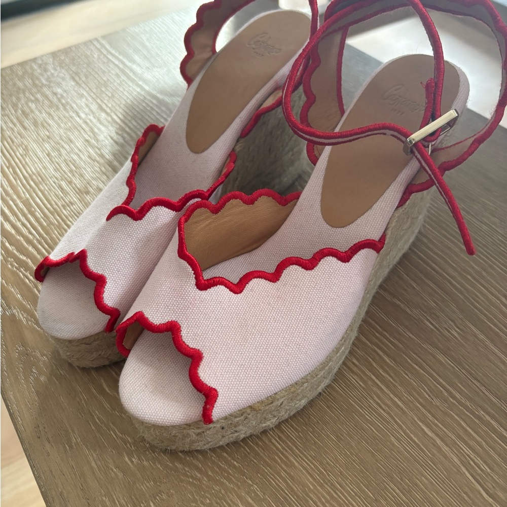 Castaner Pink Espadrille Wedges with Scalloped Red Trim - Picture 5 of 8